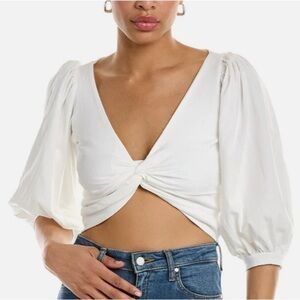 Amur Cropped Top Puff Sleeve Front Twist Blouse Organic Cotton White Large